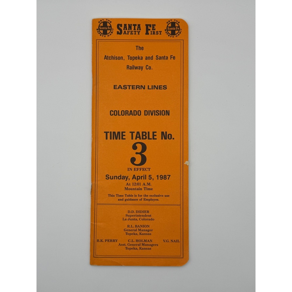 Vintage 1987 Santa Fe Railway‎ Time Table No 3 Colorado Division Eastern Lines